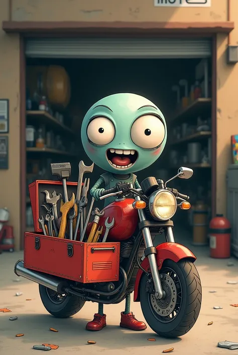 Drawing of a motorcycle with eyes and holding an open toolbox with tools sticking out in front of a garage 