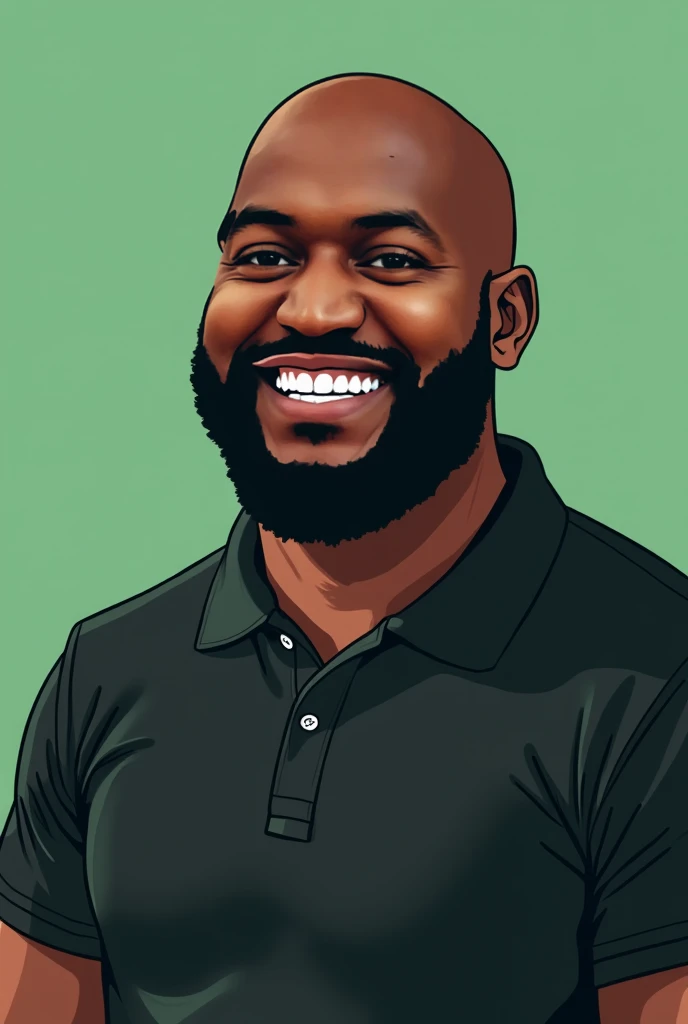 Create a retro vector illustration of a bald, little fat, slightly bearded, black-skinned man, wearing a black polo shirt, smiling broadly. face Facing the camera and body slightly tilted to the left, The illustration should use clean, bold lines with a mo...