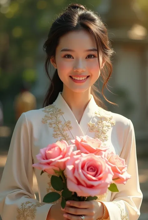 A beautiful 18-year-old Thai woman in a Sukhothai Thai dress made of beautiful light phaepan holds a bouquet of pink roses and sends a happy smile.