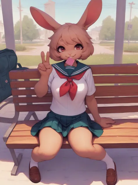 (front view) , furry female rabbit , school uniform , sit on a bench on the station platform , (spread legs:0.6) , (upskirt:0.9) , seduce smile , condom on mouth , (bottom underwear:0.7) , Peace sign , Grab the hem of skirt