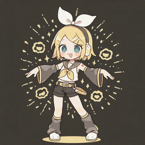 
KAGAMINE RIN(vocaloid),solo,1female(cute,kawaii,KAGAMINE RIN(vocaloid),chibi,light yellow hair, short hair,red tattoo of numbers"02" on shoulder,(big white bow),sleeveless white shirt,detached black arm bell sleeves,(arm sleeves are black bell sleeves:1.2...