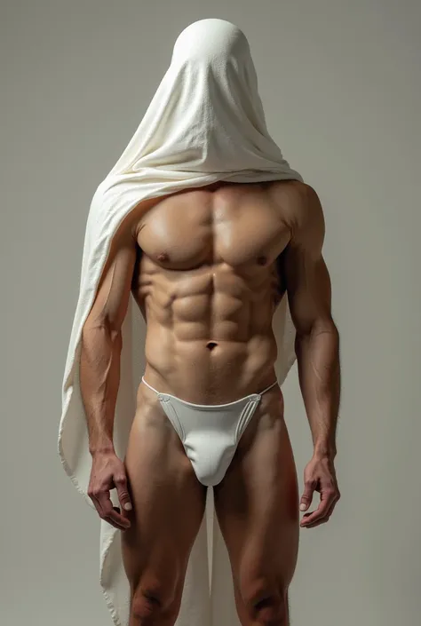 Naked men front facing showing his dick while his face in covered with a cloth