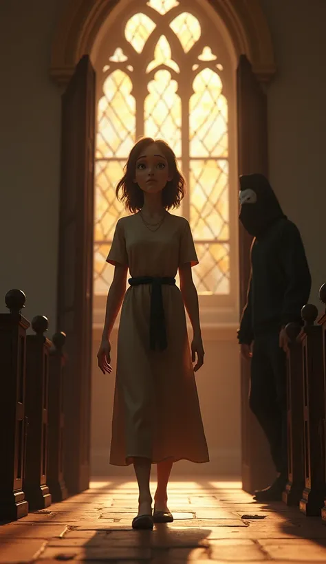 Pixar 3D Image  :  A Christian woman ,  dressed simply ,  enters an empty church illuminated by the soft light of stained glass windows. Behind her,  a masked thief watches her from the shadows ,  her bag full of stolen items .