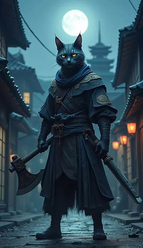 Dragon cat is wearing a Japanese ninja costume , Has a huge axe， masked，castle town，night，moon，Norman，no one shows up