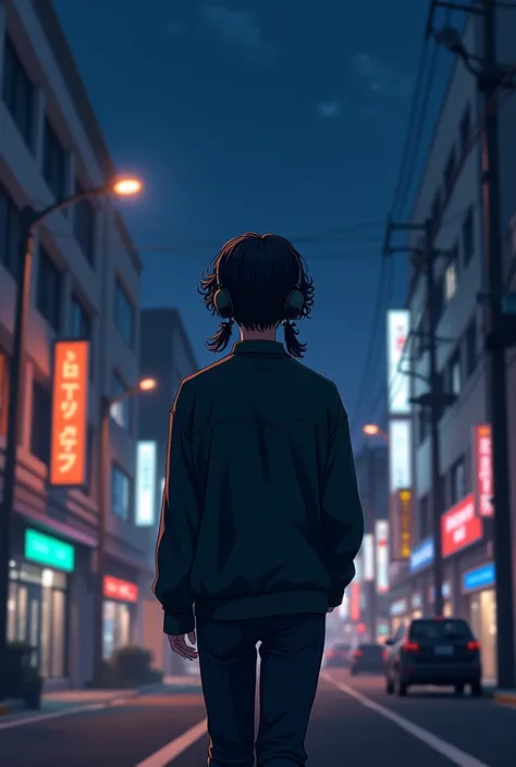 BOY ADULT WITH LONG CURLY HAIR WITH BLACK PIGTAILS WEARING BLACK HEADPHONES WALKING ON THE STREET AT NIGHT ANIME TYPE