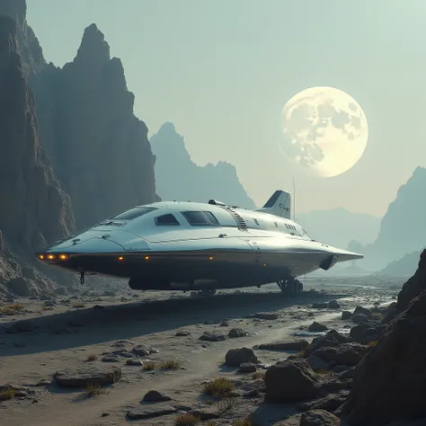 Spaceship on a rocky surface with a moon in the background