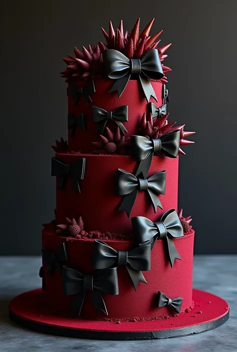 A dark red coloured cake with 15 black fondant bow. And overload moulded chocolates
