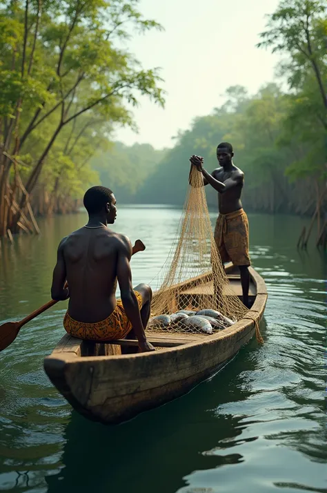 **Ultra realistic Niger delta image of two persons in a canoe going for fishing, one of them paddling the canoe and the other casting a net of catch with fish, the boat should contain some catch fish.