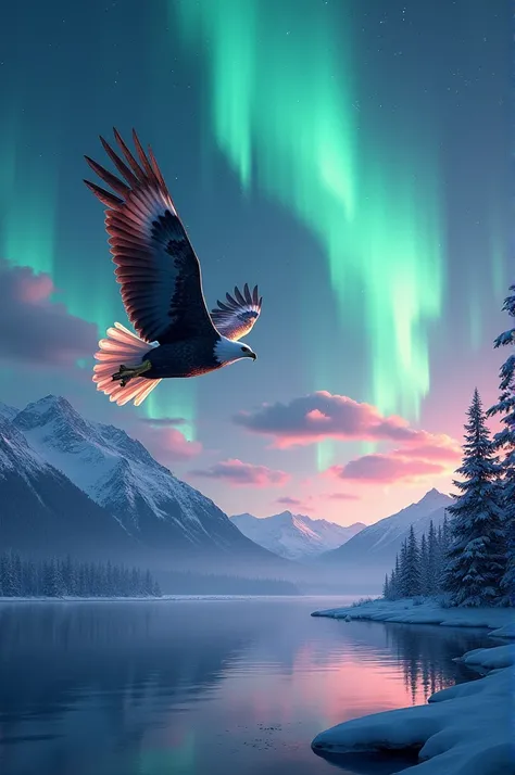 Write a prompt,a eagle is covered with a captivating aurora borealis dances across a night sky, with swirling shades of vibrant green, blue, pink, and purple illuminating the snowy mountains and reflecting in a calm lake below. The scene balances both the ...