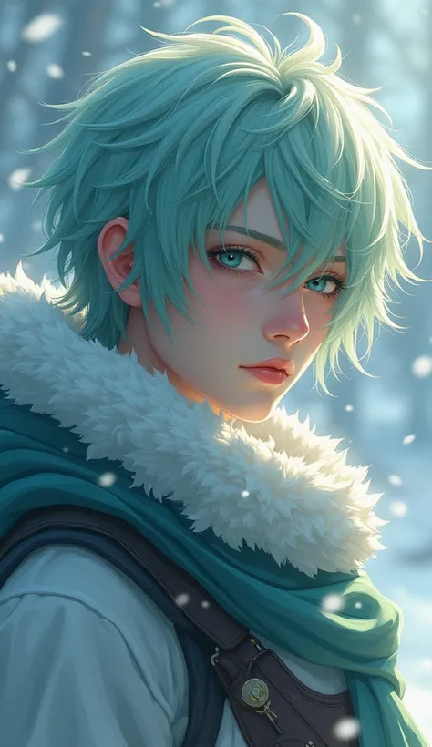 Digital artwork illustration, молодой король фэйри, eyes the color of a winter sky a second before sunrise, sea green hair at noon, thin white strands falling over his face and long enough to reach his shoulders, skin like polished cypress, cool to the tou...