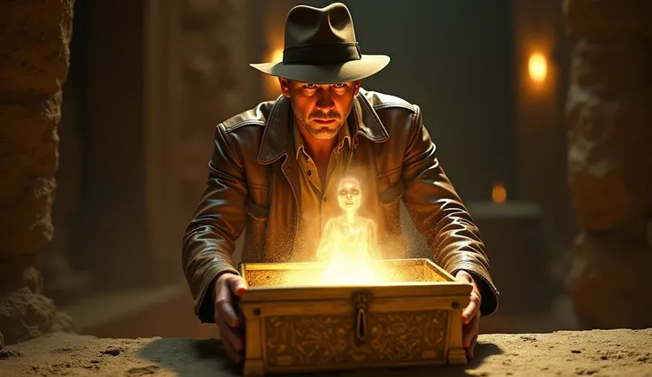 indiana jones, a man, in a leather jacket, in a leather hat, standing looking at a golden box, a spirit floating out of the box