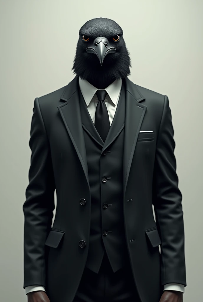 The bird is wearing a suit and looks grim