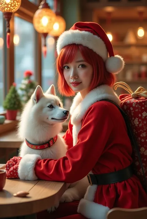  Japanese actress, a beautiful woman with pale red bob hair and a Santa Claus costume　Cafe　A white Samoyed dog next to her is carrying a bag of presents on her back 