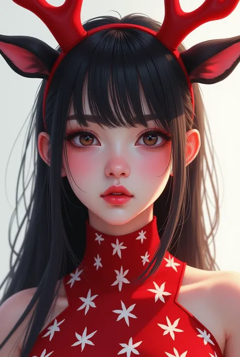 a close up of a woman wearing a red and white dress and reindeer horns, sakimichan, dilraba dilmurat, with full bangs, with bangs, trending at cgstation, neat hair with bangs, long hair with bangs, long hair with full bangs, bellie elish eyes, bumb lips