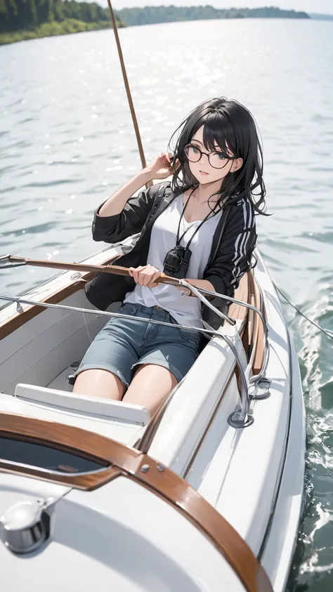 Black hair, glasses, boating