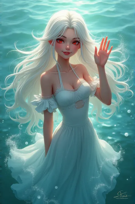 book cover sea girl in the middle white hair red eyes waving hand smile warm tone