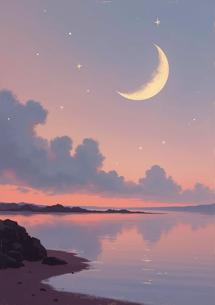 A landscape painting of a serene seascape at twilight. The sky and water are painted in shades of dusty rose, light pink, and mauve, creating a soft, ethereal atmosphere.  A crescent moon is visible high in the pale pink sky.  The horizon line is subtly de...