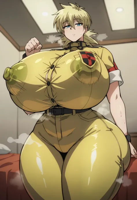 score_9, score_8_up, score_7_up, score_6_up, score_5_up, score_4_up, source_anime, anime screencap, anime coloring, BREAK 1girl, (very giant girl:1.2), SerasVictoria, shiny clothes, skin tight, nipple visible through clothes, yellow uniform, nsfw, masterpi...