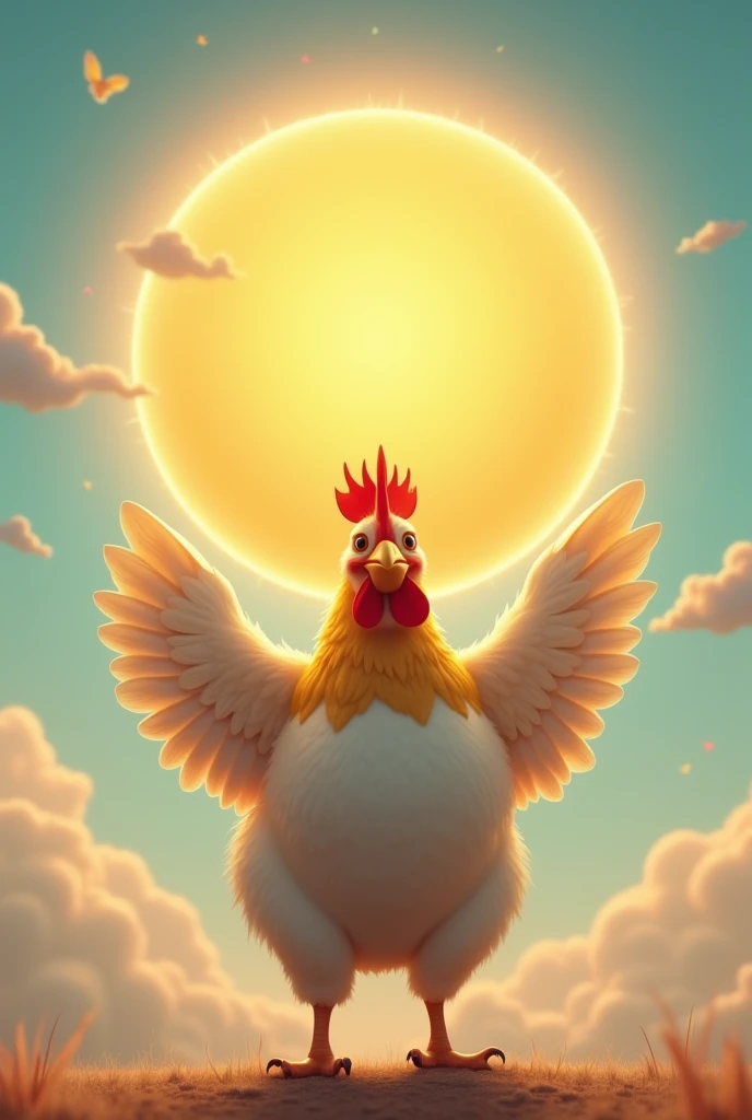 A photo of a sun being picked up by a chicken 