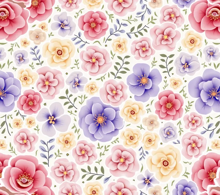 A vibrant floral pattern featuring an array of soft pink, lavender, and cream-colored flowers interspersed with delicate greenery and small white accents. The composition is lush and layered, creating a harmonious blend of colors and textures, evoking a se...