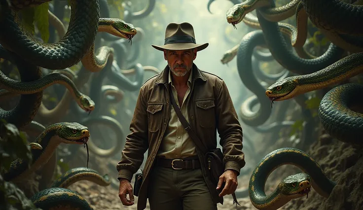 indiana jones, a man, in a leather jacket, wearing a leather hat, standing amidst a crowd of poisonous snakes