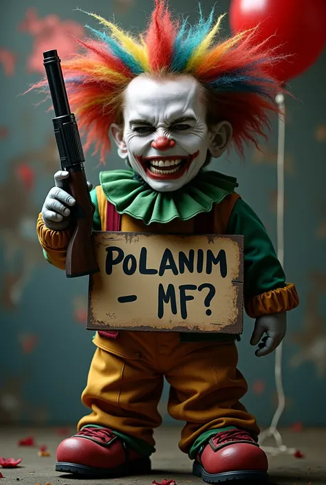 A sinister, villainous JOCKER - Star of David neckless on the chest - holding a shotgun grins darkly, holding a sign that says “POLANIM - MF?!” His contorted, shadowed face paint, big red stained nose, and wild, unkept rainbow hair enhance his chaotic look...