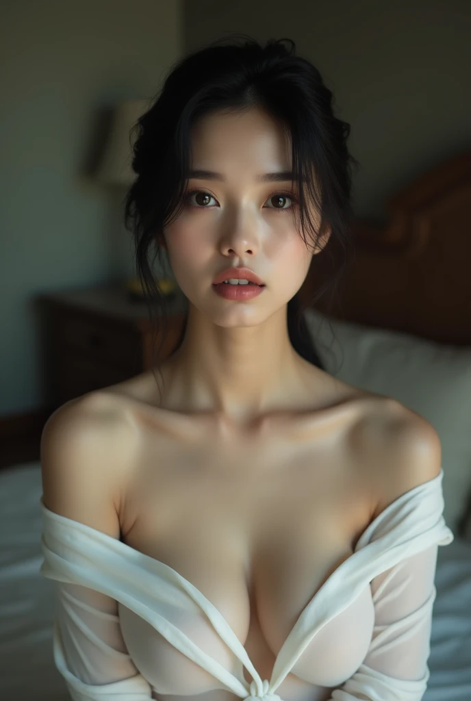 a vietnamese wife, only wear see through white shirt