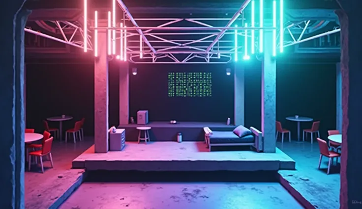 Scene, sketch, without an auditorium , front view, two-level decorations, neon pipes , neon structures , iron balcony , lots of tables and chairs , bed, view from the auditorium,  red and green neon light ,  Black bed and chairs ,  on the back large screen...