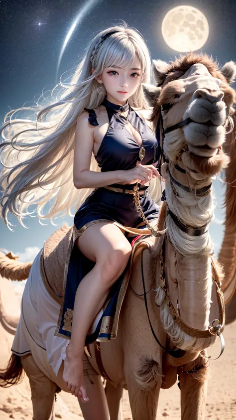 ((Riding a camel through the desert at night theme:1.5)), ((Under the moon and starry sky:1.3)), ((white Arabic dress:1.5, boots)), ((1camel)), (slim:1.4), ((medium breast:1.5)), (necklace, earring, bracelet), (alluring face), ((happy smile:1.5, glad:1.2, ...