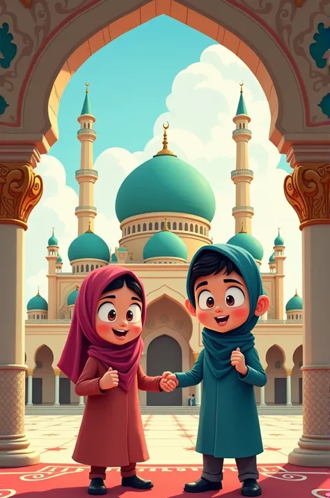 Cartoon illustration of Musa and Tanveer with funny expressions on a beautiful mosque background. Above will be written in large letters "FUN FACTS FROM THE MOSQUE!", add educational message in small font below.