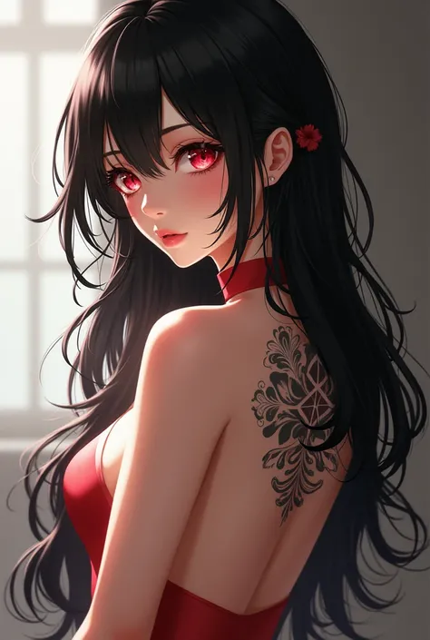 Sexy Back, pretty, female, lovely, tattoo, bonito, long haiar, woman, sweet, girl, back, anime, beauty, anime girl, lady, red eyes, black hair