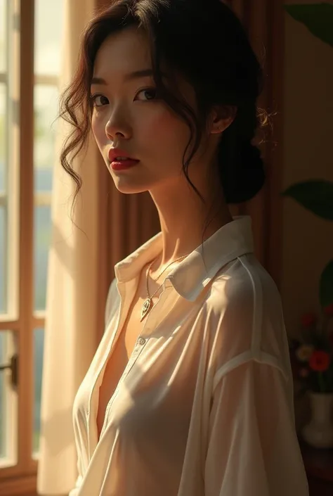 A Vietnamese woman with an alluring presence, wearing a sheer white blouse that is unbuttoned, revealing a hint of her silhouette. She stands in a softly lit room, with delicate shadows playing across her skin, creating an atmosphere of mystery and allure....