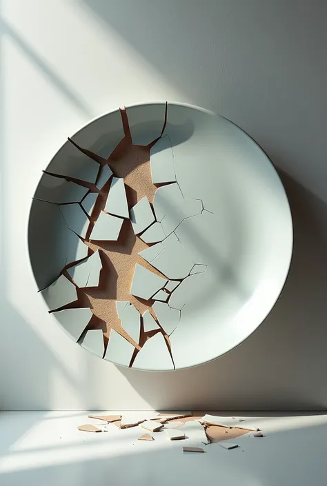 Ultra-realistic. Cinema 4D rendering. Ceramics. The result of dropping a large ceramic glass plate against a wall. Cinematic lighting.