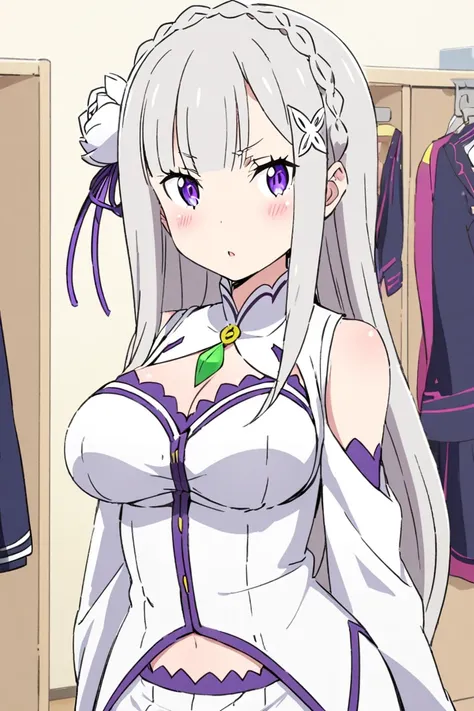 Anime-style Re:Zero, a beautiful woman who resembles Emilia, a fashionable uniform that is small in size and shows off her body line, in front of the lockers in the changing room in the background