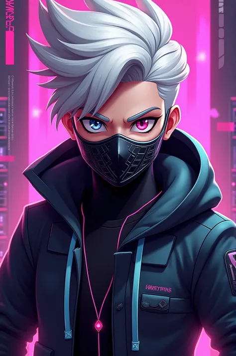 Create a free fire creacter maskot logo white hair and black mask 