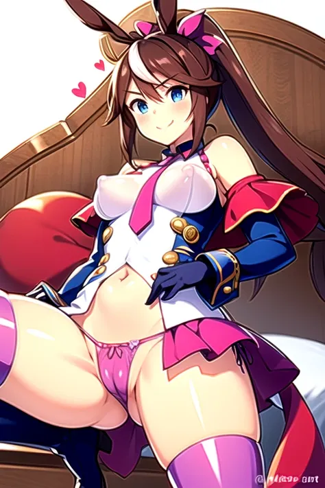 Tokai Teio,smile,high ponytail,streaked hair,fake animal tails,girl,nsfw,masterpieceHighly detailed backgrounds,best quality,smug,bed room,(reverse outfit:1.4), rabbit ears,wrist cuffs, bare shoulders, (covered nipples:1.5),(heart pasties:1.2),(meme attire...