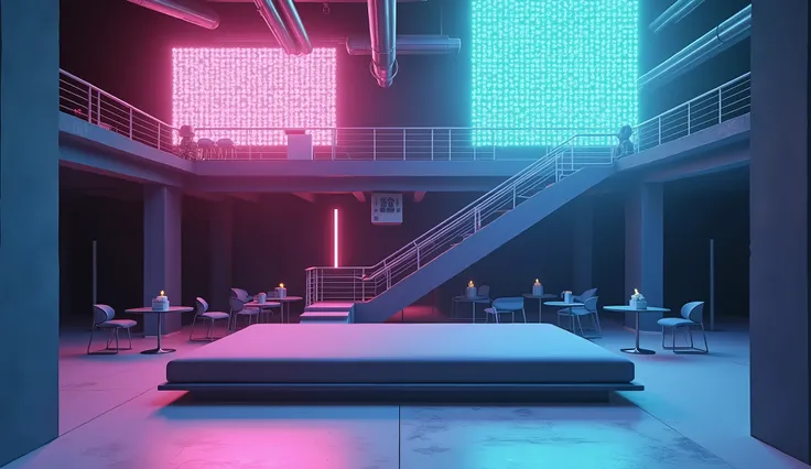 Scene, sketch, without an auditorium , front view, two-level decorations, neon pipes , neon structures , iron balcony , lots of tables and chairs , bed, view from the auditorium,  red and green neon light ,  Black bed and chairs ,  on the back large screen...