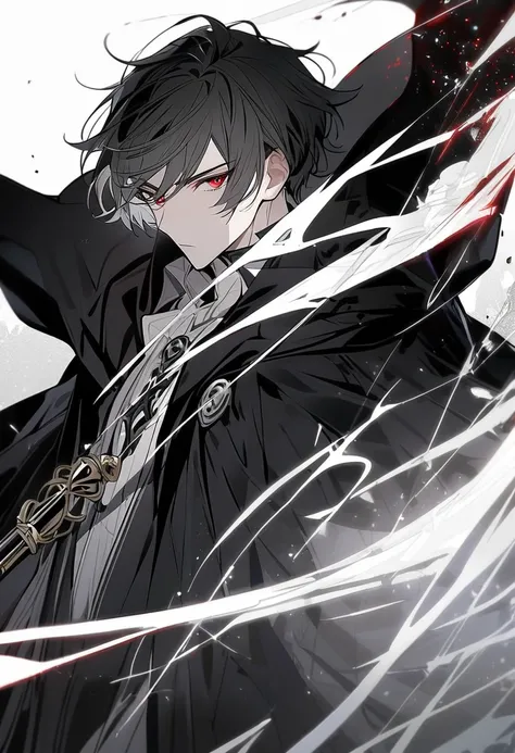 Handsome, solo, 1 male, solo, male, red eyes, short hair, black and white hair, warlock, staff, black robe