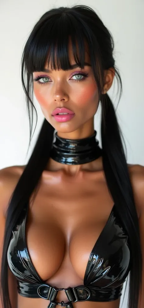  2 different looking brazilian model,(photorealism: 1.4), bust view,( hot girls tanned light brownish skin),raw close portrait view,(complex and realistic skin texture:1.4),extremely  anorexic, 18yo supermodel , very large ribbed latex choker covering full...