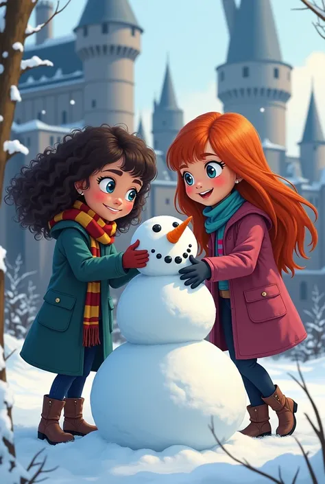 una ragazza di 12 anni con i capelli ricci Castani scuri ricci e gli occhi azzurri con una ragazza di 12 anni con i capelli rossi molto lisci e la frangia che fanno un pupazzo di neve a Hogwarts 