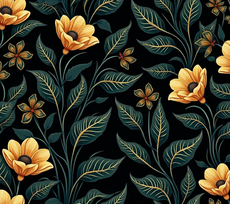 A rich, floral pattern featuring large, stylized golden flowers and dark teal leaves against a black background. The design combines intricate lines and curves, creating a sophisticated and elegant aesthetic.
