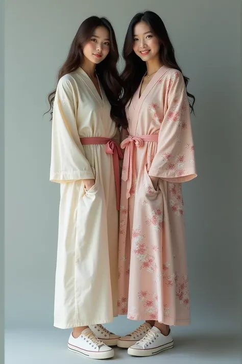 Two beautiful Asian women wearing long gamis stand full body facing the camera smiling gently wearing sneakers, gray background. ultra Hd realist 