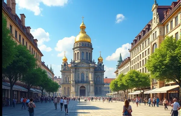 "A vibrant cityscape of Dresden rebuilt after World War II, showing the iconic Frauenkirche restored amidst a mix of modern and historic architecture. A bustling town square filled with people, green trees, and blue skies, symbolizing peace and resilience....