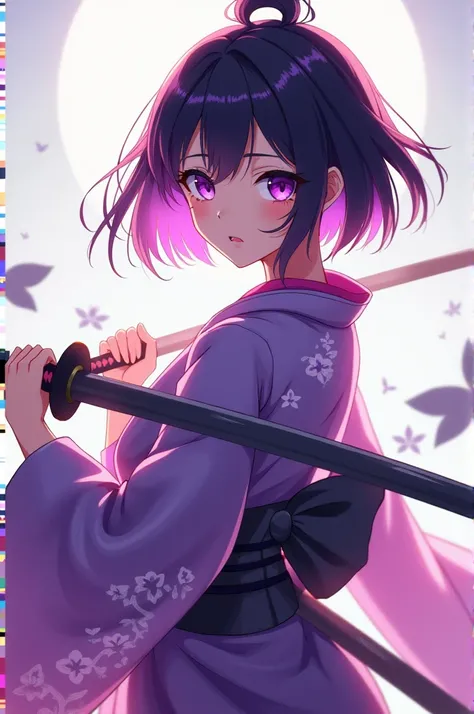 20-year-old anime girl with short purple and black hair and purple eyes while wearing a kimono while holding a katana in her hands 