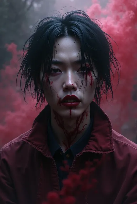 Red purple, clothes, modern fantasy, for korean man, unreal, , aesthetic, dark vampire zombie, sad