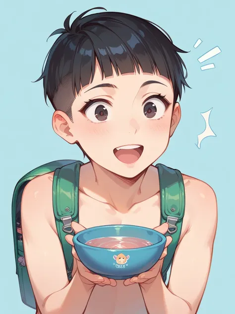 Asian, Toddler (boy), Bowl cut, Very short hairstyle, Black hair, Straight hair, Happy, Surprised, Slim, Dark eyes, Naked with small penis taking another dads penis in his mouth, Posing cutely with backpack on and exposing his lower body