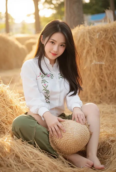 A beautiful young woman wearing traditional Thai clothing (sabai and sarong), sitting gracefully on a bed of golden hay. She holds a woven farmers hat, and her long, flowing dark hair cascades naturally down her shoulders. The setting is a peaceful rural f...