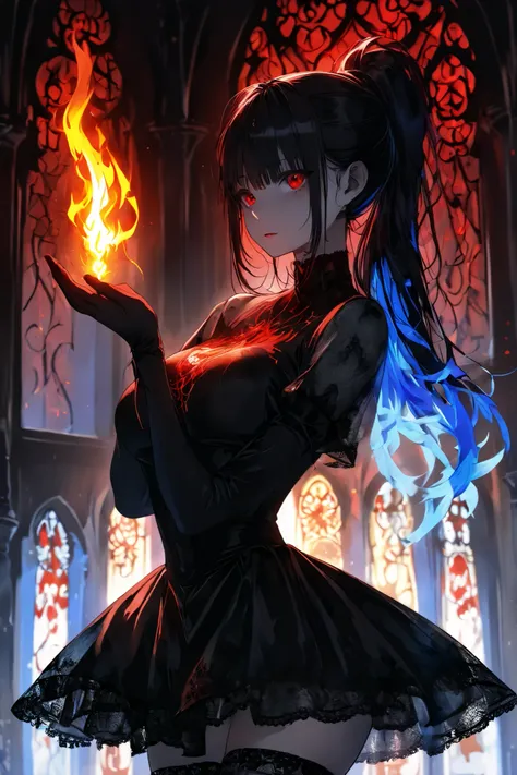 Woman in gothic Santa Claus dress, wariza、hand,Slim women、hands on chest, sacred flame in palms,Palm up. magical updrafts, spreading skirt,pale blue flame、 arm coverings, particles of magical power,from side ,from below,goth,Gothic、Lace and see-through kne...