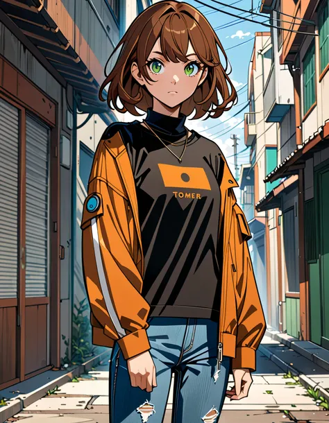 anime character of a woman with a black shirt longsleeve and blue jeans, short brown hair, neck length, green eyes, a digital painting inspired by Tomer Hanuka, trending on pixiv, serial art, heavy gesture style closeup, full body details, wearing casual c...