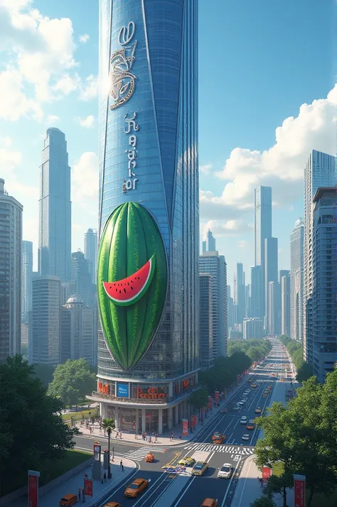 megapolis.  SABİRABAD lettering on the building. Watermelon symbol